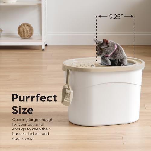 IRIS USA Large Top Entry Cat Litter Box, Hooded Privacy, Beige | Dog-Free Zone, Enclosed Top Access, Protected Interior, Dog Proof Pan, Odor Trapping, Reduced Tracking - color: White w/ Scoop