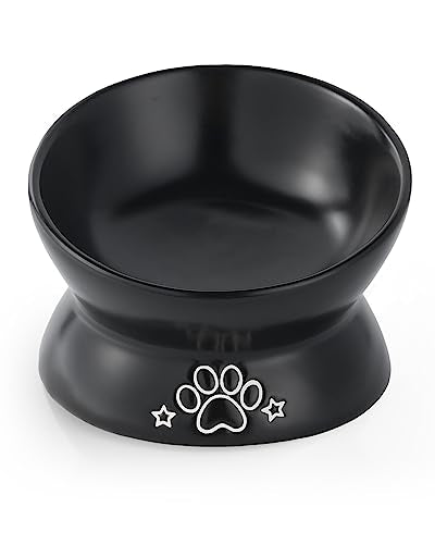 LoeJan Elevated Cat Food Bowl, 5 Oz Ceramic Raised and Tilted Water Bowl, Anti Vomiting and Protect Pets' Spines Dishes for Small Dog, Fat Faced Cat, Kitten (Black Pattern, 1 Pack) - color: Black Pattern