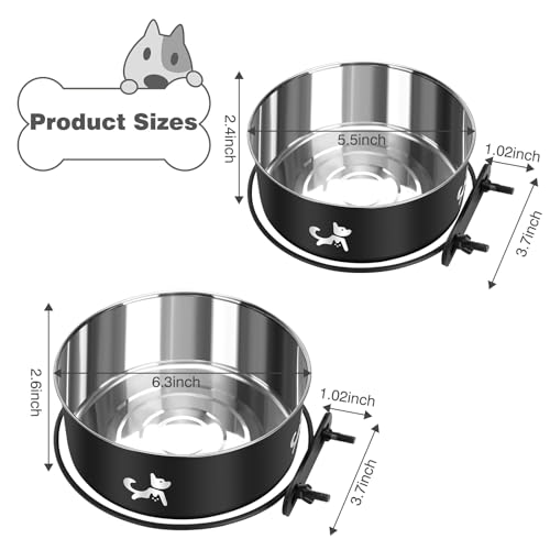 Dog Crate Water Bowl No Spill, 2 Pack Hanging Dogs Kennel Water Food Bowls, Stainless Steel Mountable Pet Bowl Metal Feeder Coop Cup Cage Accessories for Puppy Cat Rabbit Guinea Pigs Ferret Bird - color: Black