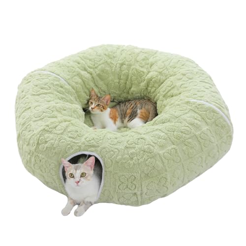 PEQULTI Cat Tunnel with Bed for Indoor Cats, Cat Play Donut Tunnel with Washable Soft Plush Mat, Round Tube Toys Cute Tube for Kittens, Puppies, Rabbits and Ferrets, Green - color: Green