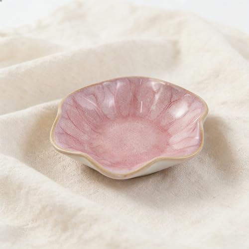 4 Inch Ceramic Small Dish - Unique Artwork Lotus Leaf Bowl for Hamster Food, Jewelry Display, Sauce & Decorative Ornament (Pink, Leaf) - color: Pink, size: Leaf