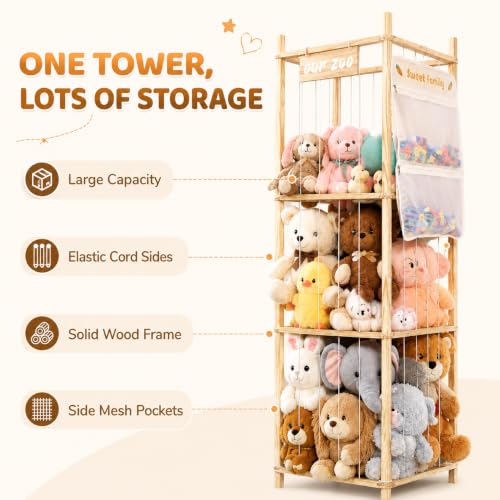 Stuffed Animal Storage Organizer, Large Wooden Zoo Toy Holder with Pockets, Plushie, Stuffy,Toy Storage for Kids Room, Playroom, Bedroom(Natural Small - size: Small