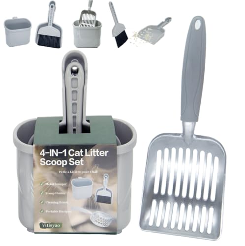 4-in-1 Cat Litter Scoop with Holder, Cat Litter Box Organizer Cleanup Kit - Portable Small Broom and Dustpan Set, Metal Kitty Litter Scooper and Storage Caddy (Gray) - color: #01 - Gray Handle
