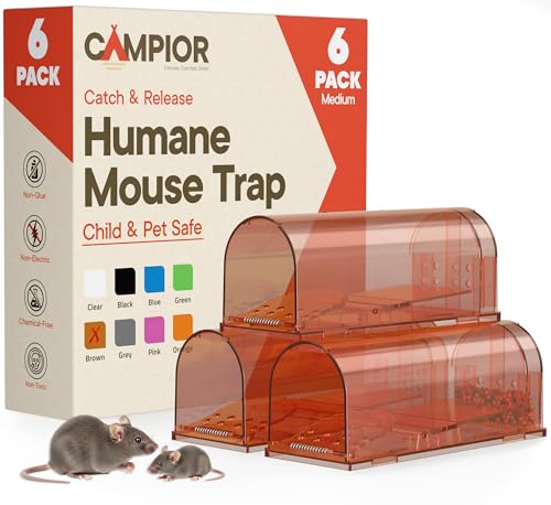 Campior Humane Mouse Trap Pack of 6, Live Mouse Traps Catch and Release for Indoors & Outdoors, Pet & Child Safe, 6.69" Reusable Plastic Mouse Cage with Spring Door, Cleaning Brush Included, Brown - size: Pack of 6
