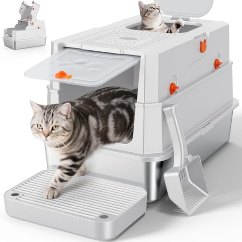 FURTIME Stainless Steel Litter Box with Lid, Enclosed Metal Cat Litter Box | XL Extra Large, Cat Box with High Sided Enclosure & Scoop, Big Cats, Front & Top Entry, Odor Free, Anti-Leakage, Silver - color: Silver, size: X-large