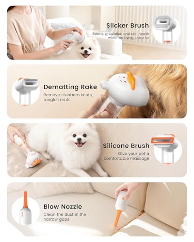 Vacuum Dog Brush for Shedding, Mess-Free Grooming | 4-in-1 Grooming, Traps Loose Hair, Self-Cleaning, Slicker Brush, Low Noise, Dogs & Cats, Short & Medium Coats
