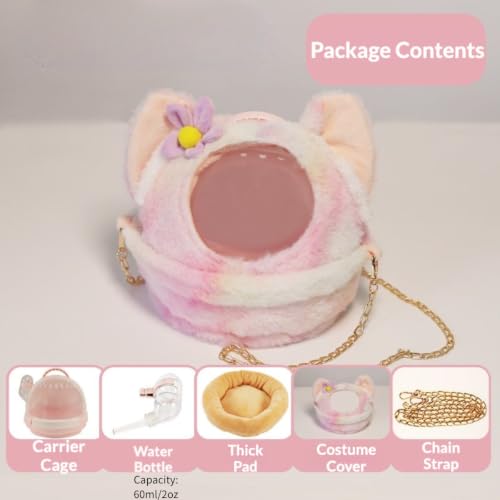 Hamster Carrier with Water Bottle Sugar Glider Travel Bag for Pet (Blue) | Portable 180° open clear habitat includes 2oz drinker chain strap cozy pad & cute cover escape-proof lock for safe outing - color: Blue