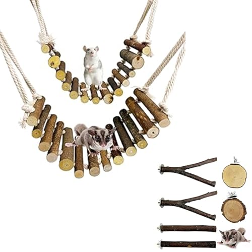BNOSDM Sugar Glider Climbing Toys 2 Pack Nature Wood Rope Ladder Hanging Bridge Cage Accessories and 6 Packs Wood Sugar Glider Toys Wooden Perch Stand Climbing Hanging