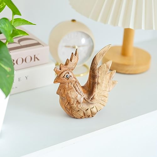Hand Carved Wooden Rooster Figurine, Handmade Rooster Statue, Rustic Farmhouse Kitchen Decor, Wooden Farm Animal Sculpture, Gift for Rooster Lovers (Natural Rooster) - color: Natural Rooster