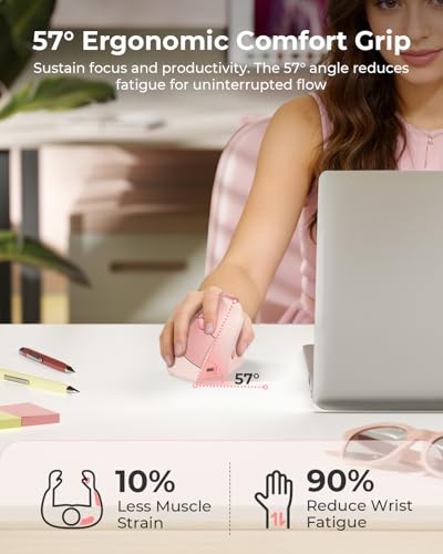 seenda MOU-302 Wireless Bluetooth Ergonomic Vertical Mouse with Volume Knob | Rechargeable 3-device mice for small/medium hands with quiet clicks, 1000/1600/2400 DPI for PC, laptop, MacBook, Pink - color: Pink