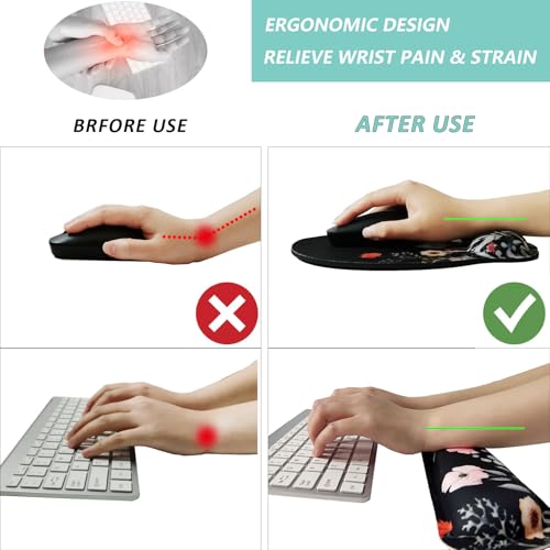 Keyboard Wrist Rest Pad Mouse Pad with Wrist Support Set of 3, Mousepad with Non-Slip Rubber Base, Ergonomic Memory Foam Mouse Wrist Cushion Support for Home Office Laptop Computer, Flower Black - color: Flower Black