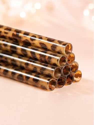 10 Pcs Reusable Brown Leopard Straws Long Straws with Cleaning Brushes - color: Brown