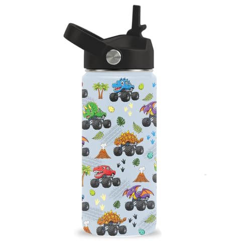 Dinosaur Car 16 oz Water Bottle with Straw – Stainless Steel Vacuum Insulated Cup, Leakproof Straw Lid, Reusable Travel Mug for Outdoor Sports - color: DinosaurCar1