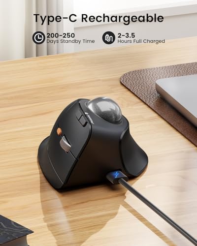 ProtoArc EM05 NL Wireless Trackball Mouse, Vertical Trackball Mouse | 62° Vertical Design Supports a Natural Wrist Posture, Connect 3 Devices Via Bluetooth/2.4G USB-A, 500mAh Rechargeable Battery - color: Gray