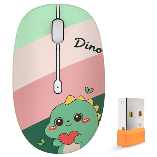 FMOUSE Cute Cartoon Silent Wireless Mouse, Dual Mode Bluetooth & USB 2.4G | Cute Dino Pattern, Ideal for Kids Students Teen Girls | AA Battery Powered | Compatible with Laptop Mac iPad Tablet PC - color: Cute Dino