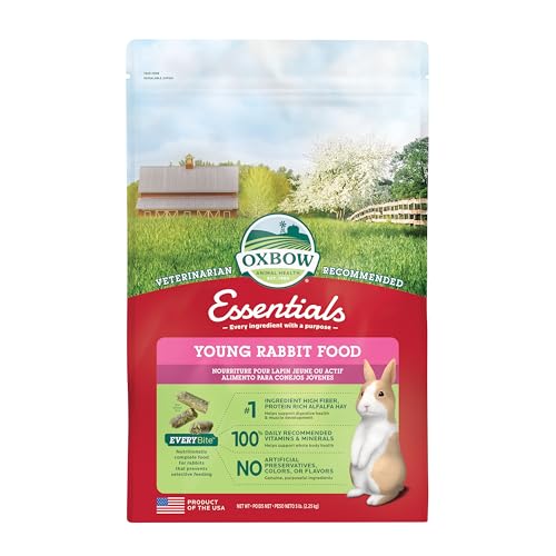 Oxbow Essentials Young Rabbit Food, High-Fiber Rabbit Pellets, USA, 5 lb | Bunny Food for Young Rabbits, Made with High Fiber Oxbow Hay, Vitamins & Minerals, Uniform, Prevents Selective Feeding - size: 5 Pound (Pack of 1)