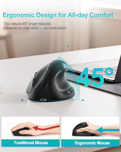 Lekvey Ergonomic Mouse, Rechargeable Wireless Mouse for Small Hands, Black | Design for Small & Medium Hands, 150H per Charge, 3 DPI (800-1600), 2.4G USB Wireless, Plug & Play, Wide Compatible