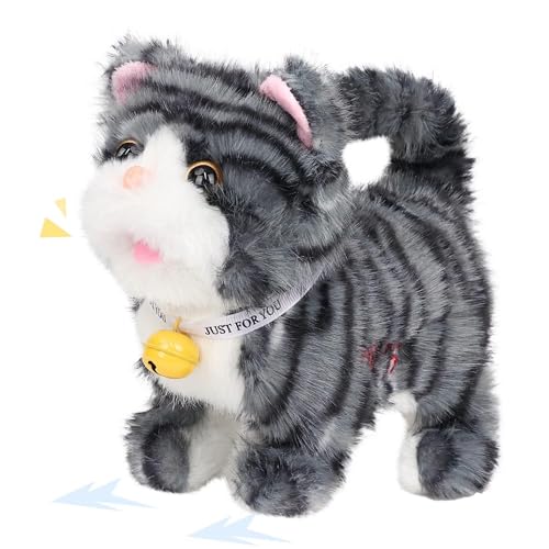 Easfan Walking Kitty Cat Stuffed Animal Talking Plush Toy for Kids | Wagging leash tail, Interactive , electric musical birthday holiday gifts, for toddlers - style: Tabby cat