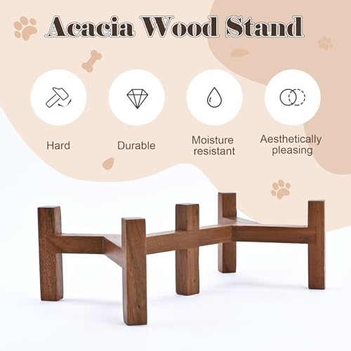 SPUNKYJUNKY Ceramic Dog Bowls with Acacia Wood Stand - Raised Dog Food and Water Bowl Set for Medium Dogs (28.74 OZ, Gray) - color: Gray, size: 28.74 Oz