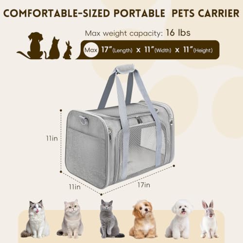 Cat Carrier Soft, Dog Carriers for Small Dogs/Large Cats (Up to 16lbs), with High Breathability, Shoulder Strap, Removable Pad, Pet Carrier Airline Approved, for Home Outdoor Travel (Gray) - color: Gray