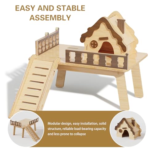 Wooden Hamster Platform and Dwarf Hamster House,Cute Syrian Hamster Tiny House Hideout,Large Balcony Lookout Holes,for Dwarf Gerbils and Mouse Mice Rat Other Small Animals(E) - color: BrownF