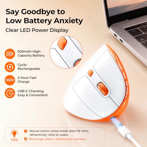 Uineer Vertical Ergonomic Mouse, Wireless Bluetooth Mouse, 3-Device | Switch among 3 devices via dual Bluetooth and 2.4G; rechargeable with 7-color ambient lighting. - color: Orange