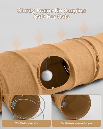Cat Tunnel, 3 Straight Shaped Tunnels 6 DIY Shapes with Wand Toys, No Noise Scratch Resistant Cool Linen Fabric, Interactive Pet Tunnel Tube for Indoor Cats, Puppy and Rabbits - color: Brown