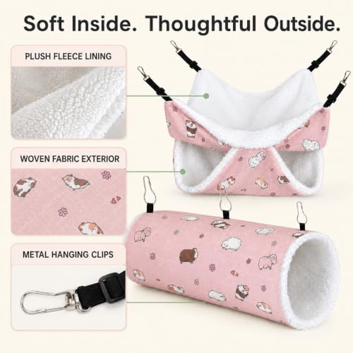 Small Pet Hammock & Tunnel Set for Ferrets, Guinea Pigs, Rats - Plush Hideout Bed & Cage Toy, 2-Pack, Pink Guinea Pig Print - color: Pink