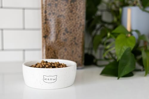 Pearhead Ceramic Meow Cat Bowl, Holds 12 oz, Modern Speckled White - color: Speckled "Meow", size: Single Bowl