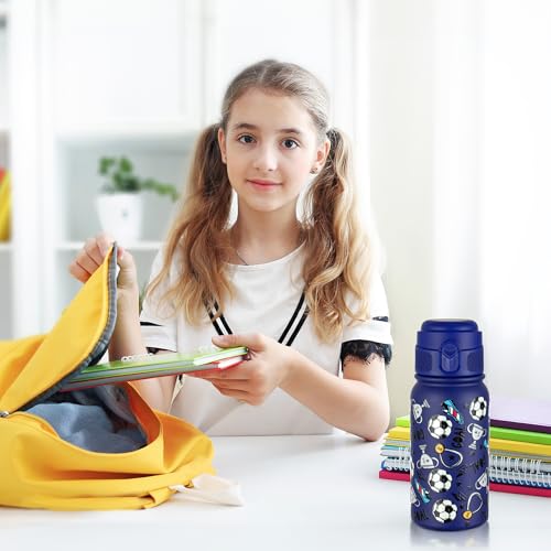 GOPPUS Kids Insulated Water Bottle 12oz, Leakproof Stainless Steel Thermos, BPA Free Double Wall Vacuum Insulated Bottle for School, Travel, Sports & Outdoor Activities, Boys Girls - color: Blue football
