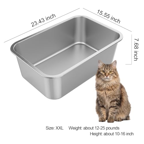 XX-Large High Sided Stainless Steel Cat Litter Box | Sturdy Metal, Odor-free, Cat Litter Non-stick and Easy to Clean, Ideal for Indoor Cats, Kittens and Multicat Houses - size: 23.43"L x 15.55"W x 7.68"H