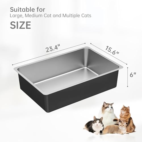 Ohtomber Large High Sided Stainless Steel Cat Litter Box | Non-Stick, Odor Free, Easy to Clean Metal Pan, For Indoor Big & Small Cats & Kittens - size: 23.4"L x 15.6"W x 6"H