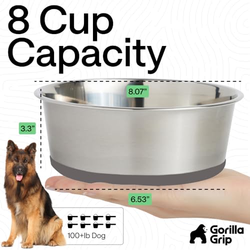 GORILLA GRIP Dog Bowl, Holds 8 Cups (64 fl oz), Food Grade 304 Stainless Steel Food and Water Bowl for Feeding Dogs and Cats, BPA Free Rubber Base, Easy Clean, Dishwasher Safe, Rust Resistant, Gray - color: Gray, size: 8 Cup (64 Oz)