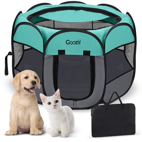 Goozii Pet Cat Playpen for Indoor Cats Enclosed, Puppy Dog Play Pen for Outdoor Travel Camping (Small Size, Green & Dark Grey) - color: Green-Gray, style: S [29" x 29" x 17"]