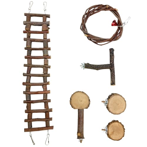 BNOSDM 6PCS Chinchilla Cage Accessories, Natural Wood Sugar Glider Climbing Bridge & Perch Platforms, Rat Enrichment Toys Set for Small Animals Squirrel, Gerbil, Hamster - color: 6PCS-Wooden Ladder & Swing T-Perch Set