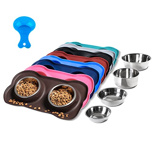 Hubulk Pet Dog Bowls 2 Stainless Steel Dog Bowl with No Spill Non-Skid Silicone Mat + Pet Food Scoop Water and Food Feeder Bowls for Feeding Small Medium Large Dogs Cats Puppies (Small, Chocolate) - color: Chocolate, size: Small