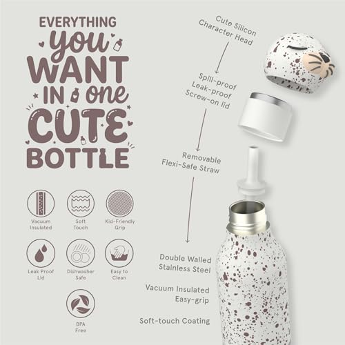 asobu Bestie Bottle Insulated Stainless Steel Water Bottle with Detachable Soft Animal Head Fun Drinking For Kids and Teens with Flexible Reusable Straw 16 Ounce (Seal White) - color: Seal White