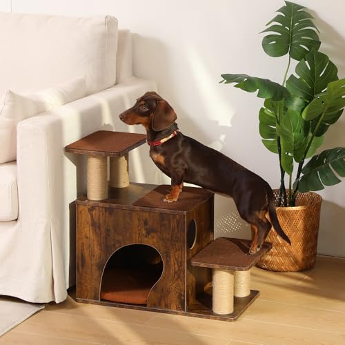 FUKUMARU 3-in-1 Pet Stairs, Retro-style Dog Steps for Cats and Small Dogs, Wooden Cat Stairs for High Bed with Scratching Post, Dog Ramp for Couch with Cat Condo Cave, Easy to Clean & Aesthetic Design - color: Brown