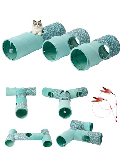 Cat Tunnel, 3 Straight Shaped Tunnels 6 DIY Shapes with Wand Toys, No Noise Scratch Resistant Cool Linen Fabric, Interactive Pet Tunnel Tube for Indoor Cats, Puppy and Rabbits - color: Blue Flower