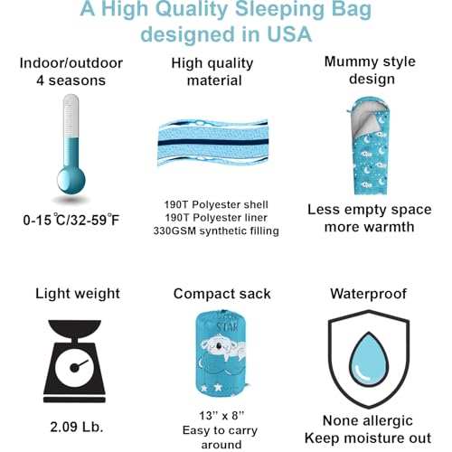 KidzAdventure Mummy Style 32 – 59F Kids Sleeping Bag with Pillow Sleeve, 4 Season, Lightweight and Backpacking Style, Ideal for Camping, Sleepover, Boys, Girls, and Youth - color: Sky blue youth up to 5\'7"
