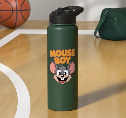Mouse Boy | Childrens Mice Product | Youth Kids Boys Mouse Stainless Steel Insulated Water Bottle - color: Dark Green