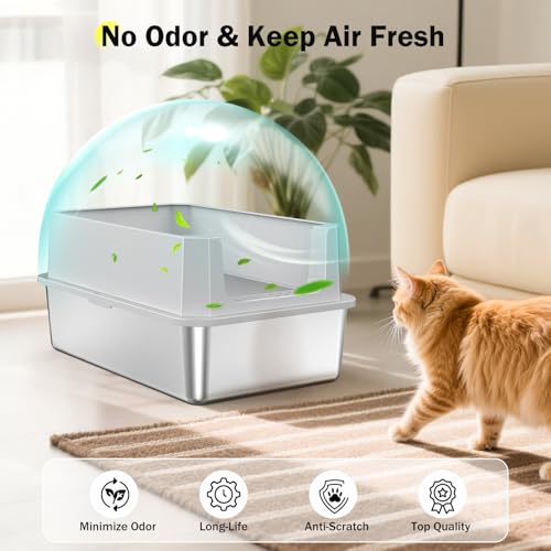 Stainless Steel Litter Box, Extra Large Litter Boxes for Big Cats, XLarge Metal Cat Litter Box with Lid, Anti-Urine Leakage XL Box with High Sides, Easy Clean, Non-Sticky, Scoop Included - color: Silver Grey, size: XL