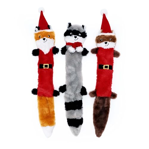 ZippyPaws Skinny Peltz for Medium and Large Dogs - Holiday 3-Pack | No Stuffing Dog Toys to Keep Them Busy, Squeaky Unstuffed Chew Toy for Pets, Soft Plush Variety Pack, Fox, Raccoon & Squirrel - style: Santa Fox, Raccoon, and Elf Squirrel - Large (3-pack