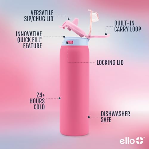 Ello Pop & Fill Insulated Stainless Steel Water Bottle with Quick Fill Lid, Leakproof Locking, Sip or Chug Spout, BPA-Free, Double Wall Vacuum Insulated for Sports, Travel & School- 22oz / 32oz / 40oz - color: Cherry Breeze, style: 22oz