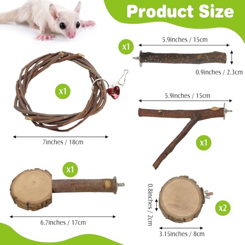 BNOSDM Sugar Glider Climbing Toys 2 Pack Nature Wood Rope Ladder Hanging Bridge Cage Accessories and 6 Packs Wooden Sugar Glider Cage Accessories Rat Climbing Toys with Swing Perch Stands Platforms