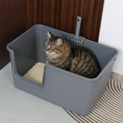 4 Packs Large Open Top Cat Litter Box, High Sides Cat Litter Pan, Anti-Splash & Low Entry, Including 4 Cleaning Scoops for Multiple Cats, Large Breed, Gray