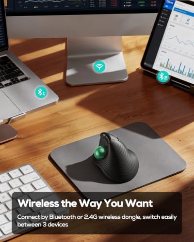 Nulea Wireless Trackball Mouse Ergonomic Vertical Design Thumb Control | Rechargeable mouse with quiet clicks,4 DPI levels,3 device Bluetooth & USB receiver,smooth tracking,compatible with PC-Green - color: E-Green