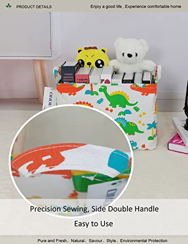 Rectangular Dinosaur Laundry Storage Bin for Adults and Kids | Damp resistant canvas fabric, sturdy stitched carry handles, foldable design organizes closet and playroom daily supplies - color: Dinosaur paradise