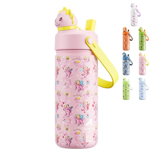 POWCAN 18 oz Kids Water Bottle: 2-in-1 Straw Spout Lid with Soft Animal Head, Leakproof, Backpack Friendly, Keep Cold 24H, Cute Patterns, Insulated Cup for School, Playtime, Trip, Gift (Lovely Trike) - color: Lovely Trike, size: 18 Ounces