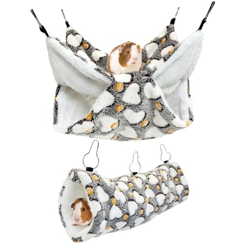 PINVNBY 2 Pack Rat Hammock Set Soft Ferret Hideout Bed Hanging Hamster Tunnel Cave Small Animal Cage Accessories Toy for Guinea Pig Chinchilla Squirrel Sugar Glider (Gray)